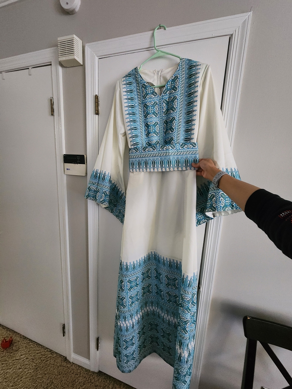 Women's White Maxi Dress with Blue Embroidered Trim
